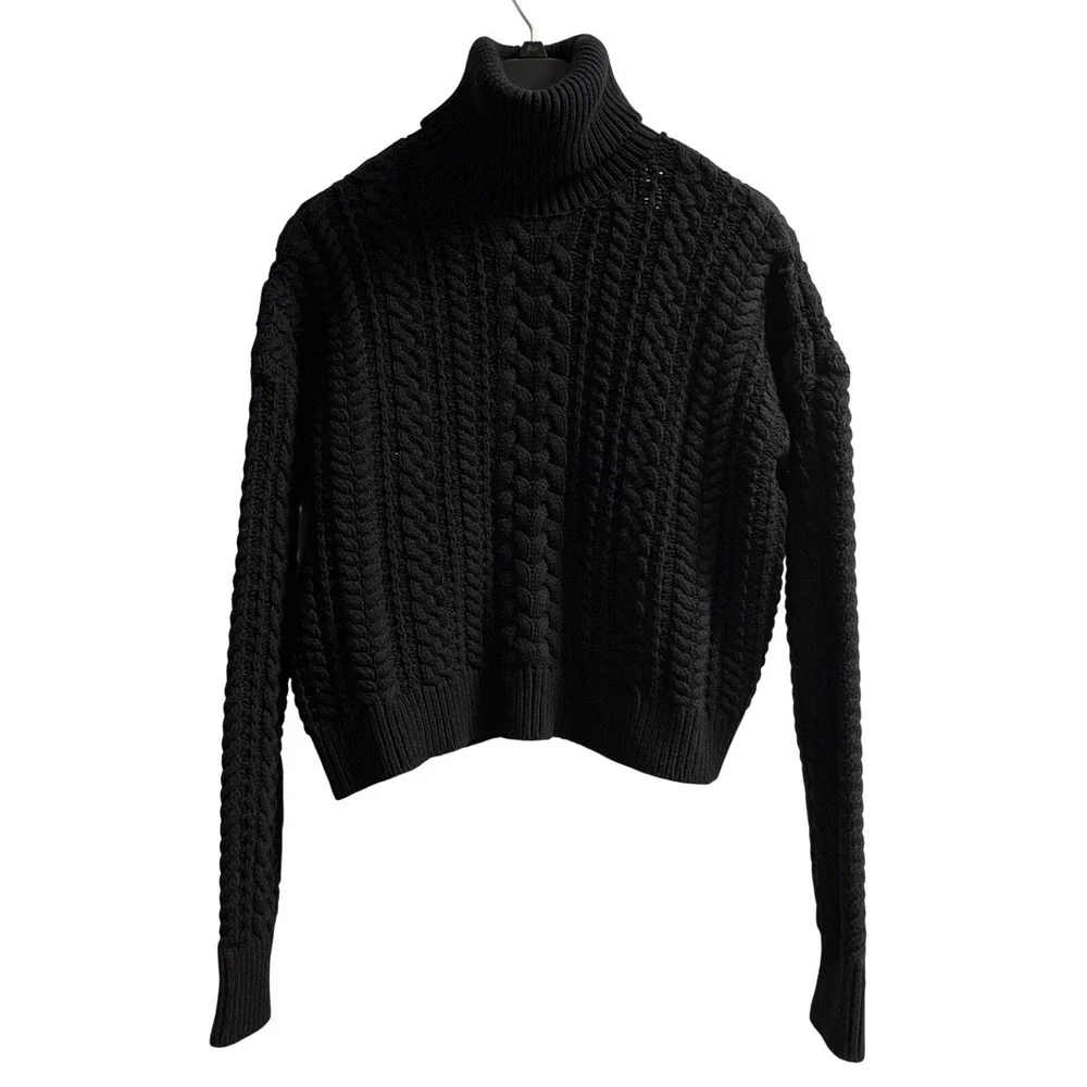 Lauren‎ Ralph Lauren Sweater Black Heavy Cable Knit Turtleneck Size L Old Money